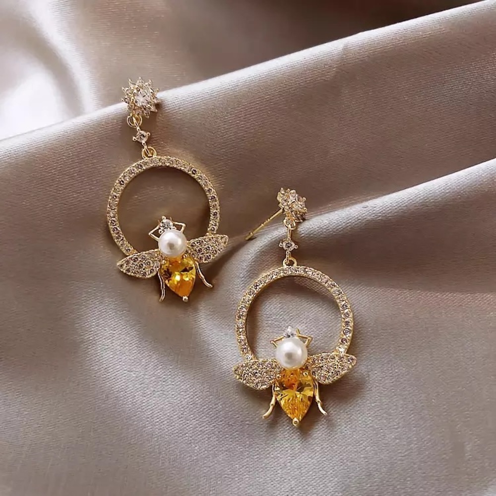 Crystal Bumblebee Pearl Beaded Stud Drop Earrings